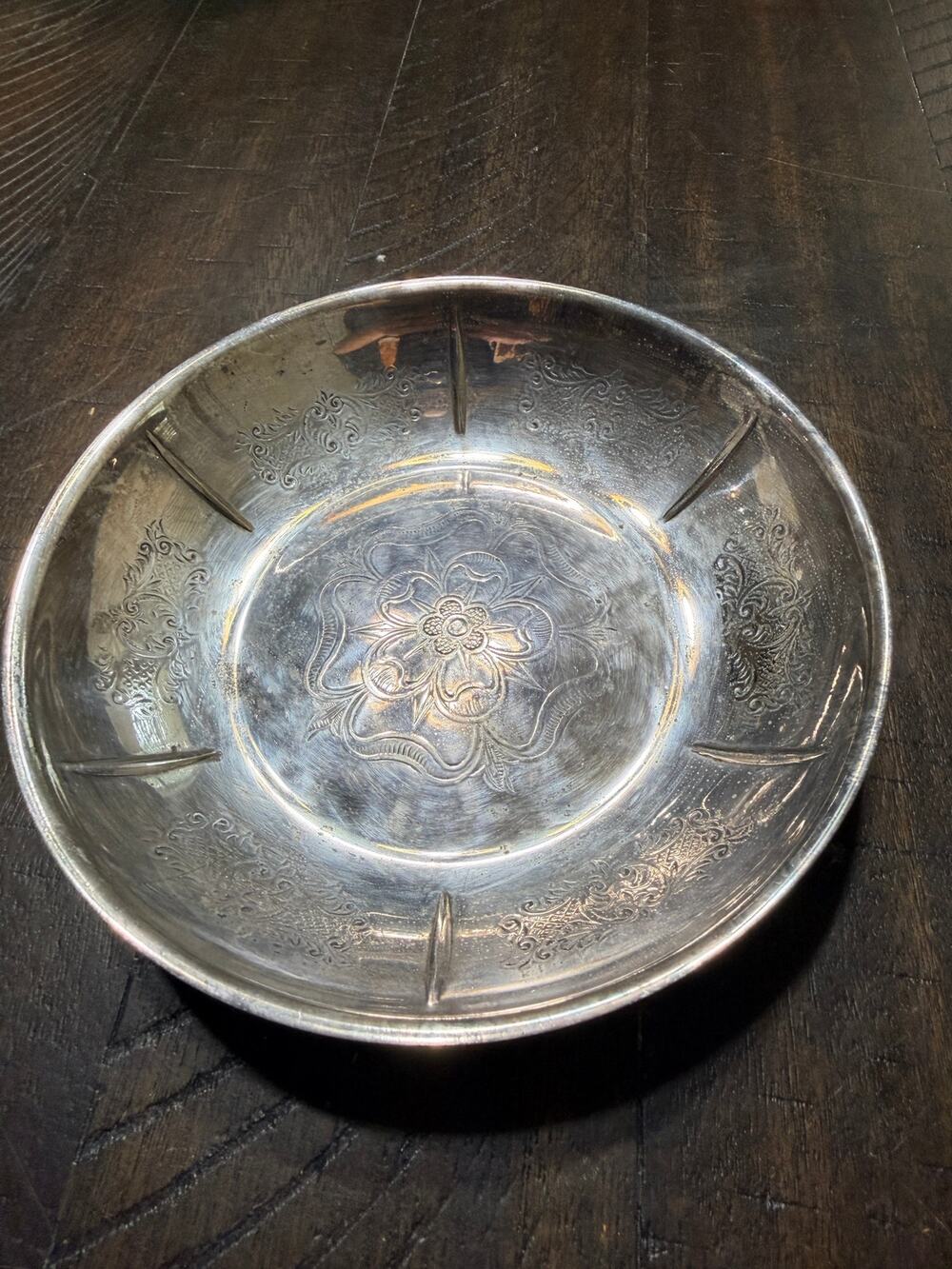 Vintage Silver Tone Metal Bowl Engraved Floral Ornate Decorative Serving Dish